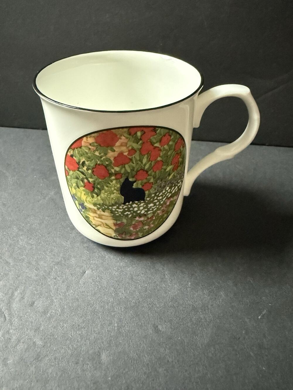 Sue Boettcher Black Cat Flower Box Bone China Coffee Mug Staffordshire 1980s